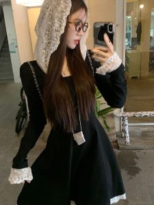 French Atmosphere Fishing Series Dating Dress Womens Spring & Fall New Arrival Waist-Tight Slim Fit Slimming Lace Patchwork Hooded Dress