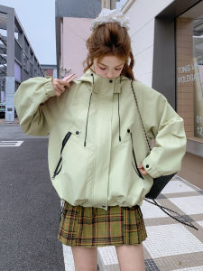 เสื้อแจ็คเก็ตกันลมมีฮู้ดสีมิ้นต์สั้นทรงหลวมสำหรับผู้หญิง ฤดูใบไม้ผลิและฤดูใบไม้ร่วง แจ็คเก็ตแบบลำลอง แจ็คเก็ตแบบทำงาน