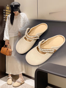 Plus Size Womens Shoes 41-43 Fat Feet Pregnant Womens Half Slippers Spring Outfit Slip-on Soft Bottom Pearl Toe Cap Slipper 42