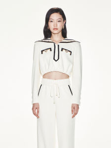 LeFame Casual College Collar Short Pearl Button Color Diamond Gold Chain Sweatshirt Sweet Style Cotton Polyester Blend