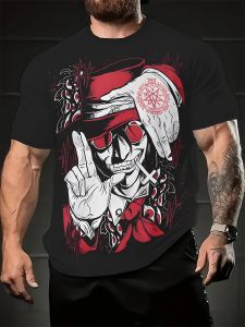 Mens skull pattern T-shirt casual polyester round neck black short sleeve and red and white summer outdoor activity