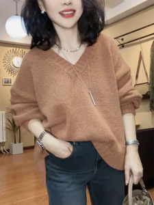 QINGNAER | Laid-back Style Retro Brown Loose Knitted Sweater