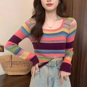 IELGY Womens rainbow striped square neck knitted top