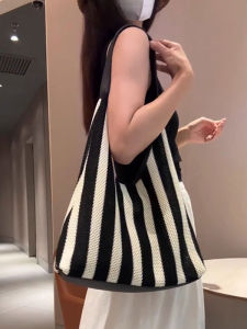 Womens Black White Striped Hollow Weave Tote Bag Large Capacity Luxury Minimalist High-End Feelings 2025 New Style Handbag