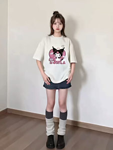 Kaos Oversize Motif Karakter Pelangi Bahan Poliester - Atasan Wanita Casual Lengan Pendek
