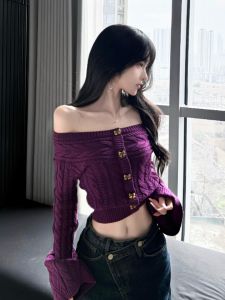CHANGTONG | Retro Chic Off Shoulder Short Slim Fit Sweater
