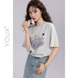 Floral Short Sleeve T-Shirt Womens Summer New Design Embroidery Print Cotton Straight Cut Commute Style round Neck Top