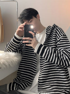 High Street Color Block Striped Hooded Open Cardigan Sweater Men Spring Autumn Loose High End Retro Couple Lazy Knitwear
