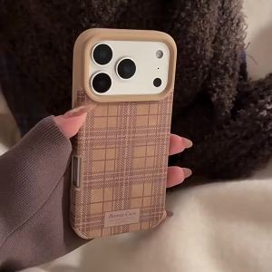 Korean Grid Pattern Leather Texture Phone Case for iPhone 17 Air 16 15 13 14 12 11 Pro Max Plus Shockproof Protective Soft Cover