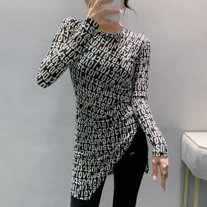 Yimei 2023 Mùa Thu phong cách mới dài tay in không đều áo thời trang Thiết Kế Ý Nghĩa chiều dài trung bình Chia Áo phông Phụ Nữ