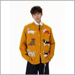 Áo Len Cardigan Dệt Kim Thêu Hình Chú Chó Dễ Thương Phong Cách Lười Biếng Mùa Thu Mới Về Phong Cách Mỹ Cổ Tròn Dài Tay Ấm Áp