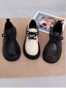 Womens Slip-On Shoes Soft Leather College Style Thick Bottom Casual round Toe Rubber Outsole Deep Mouth Fashion Single Shoes
