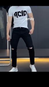 Quần jean nam rách gối AMILY màu đen trơn vải Denim co giãn form slimfit ôm côn có BIGSiZE