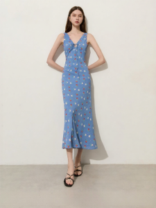 D-PLAY | Resort Wear Blue Floral V-neck Slimming Backless Hollow Out Dress
