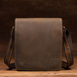 Handmade Leather Messenger Bag Retro Crazy Horse Leather Shoulder Bag Mens Leather Bag Casual Full-grain Leather Simple Mens Bag