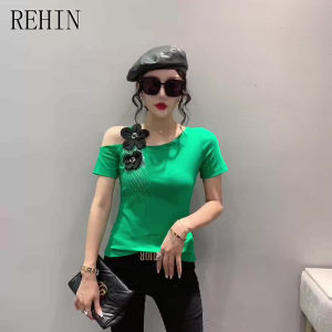 REHIN Summer new European style short-sleeved T-shirt strapless beaded flowers hot drill Slim thin fashion womens top