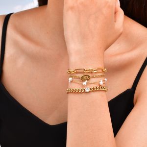 Kemstone Womens Trendy Imitation Pearl Double Layer Chain Bracelet Gift