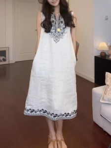 Shalldoer | Casual Style Embroidered Sleeveless Dress Womens Summer New Fashion Vacation Style High Waist A-Line Midi Dress