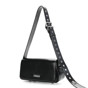 JANDRESS | Black Flap Leather Bag Motorcycle Style 2 Way Wear