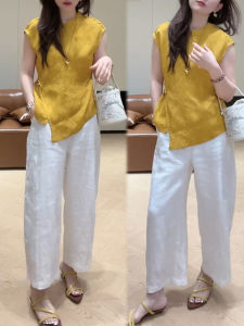 Shalldoer | Bộ đồ hai mảnh không tay cổ đứng phong cách Trung Hoa mùa hè cho nữ quần ống rộng cạp cao áo sơ mi thẳng