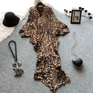 European Goods Retro Temperament Vacation Idle Style Fancy Loose Cape Batwing Sleeve Leopard Print Dress Summer Dress