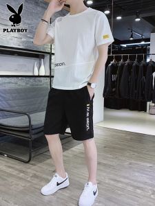 Playboy Summer Ice Silk Set Mens Short Sleeve Shorts Trendy Sportswear Two-Piece Suit Casual Comfortable Breathable Nylon Polyester Blend