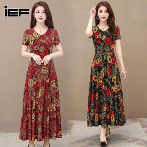IEF เดรสมาใหม่ เดรสยาว เดรสแขนสั้นทรงหลวม เดรสลายดอกไม้ ผ้าบาง นิ่มระบายอากาศได้ดี ใส่สบาย