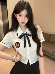 GUZILIAN | Summer Sweet Spicy Girl Uniform Set Womens Short Sleeve Shirt Top Slim High Waist Pleated Skirt Pants Workwear Two Piece Set