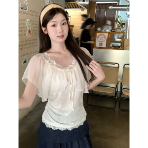Chic Lace Patchwork Flying Sleeves Bow Tie Slim Women T-shirt