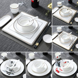 High-End Ceramic Dining Set for Hotels And Restaurants Company Banquet Hall Printed Dinnerware Table Setting Chinese Style Gold Rimmed