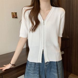 Áo Thun Nữ Tay Ngắn Dệt Kim Ôm Vừa Vặn Mùa Hè Thiết Kế Khóa Kéo Hai Chiều Màu Trơn Thời Trang Đa Năng Chất Liệu Polyester