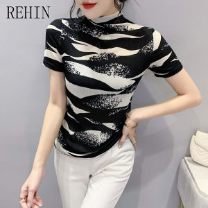 REHIN Autumn new fashion striped printed half-high collar short-sleeved T-shirt versatile slimming womens top