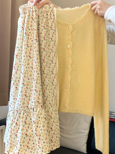 Stunning Yellow Knitted Cardigan And Floral Half-length Skirt Two-piece Set for Women Beautiful Spring Fashion Ensemble