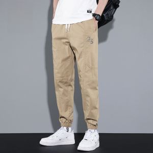 ROMON | Lormen Summer Thin Cotton Mens Casual Pants Loose Trousers Drawstring Elastic Sports Youthful Long Harem Pants Pure Color