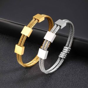 Kemstone Stainless Steel Double Cable Wire Square Cuff Bracelet for Men Gold & Silver