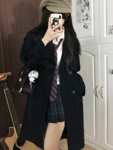 Original Black Short And Long Coat for Women Spring Autumn British Style Commute Polyester Material Double Row Buttons