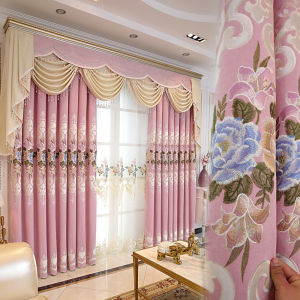 AnneyOneDecor European Style Window Curtains for Living Room Embroidered Luxury Drapes Delicate Thick Pink/Blue Thermal Insulated Draperies Blackout Curtains for Bedroom