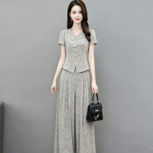 GUBODUO | Fashion Floral Print V-neck Short Sleeve Top and Wide Leg Trousers Set For Mothers Summer Wear