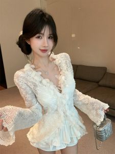 GUZILIAN | French Elegant Petal Lace Sun Protection Cardigan Womens Summer Fashion Set With Lace Strap Pleated Short Skirt Long Sleeve