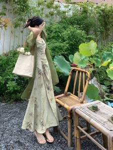 Plus Size Plus Size Ladies Zen New Chinese Style Floral Halter Spaghetti Straps Dress Cardigan Female Improved Figure Flattering Two-piece Set