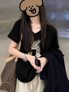 เสื้อยืดคอกลมผ้าฝ้ายแขนสั้นทรงหลวมสำหรับผู้หญิงในช่วงฤดูร้อน สีดำ ทรงหลวม ทรงเข้ารูป เสื้อผ้าทำงานสไตล์เกาหลี ลายตัวอักษร