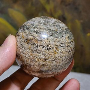 54.4mm green & yellow Phantom Quartz with needle like Black Tourmaline inclusions ball small display [Natural Crystal]