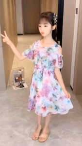 Girls Floral Chiffon Dress Summer Princess Party Dress for Kids 5-12Y