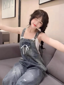 High Waist Denim Overalls Womens Summer Loose Fit Straight Leg Lace Detail Vintage Style Age Defying Wide Leg Trousers