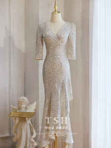 Champagne Color Evening Gown Womens Elegant Fish Tail Skirt High End Luxury Beautiful Unique Lady Annual Conference Hostess Dress