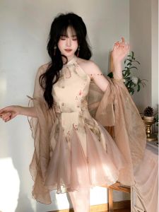 Elegant Short Cheongsam Dress National Style Patchwork Collarless Sleeveless Daily Wear Summer 2025 Polyester Fiber