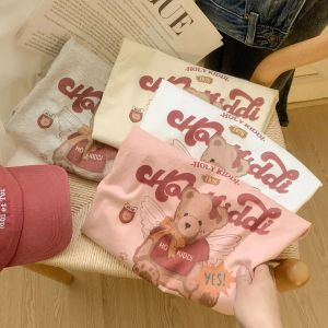 Modale Bear Letter Print Short Sleeve T-Shirt Women Summer Casual Loose Versatile Base Layer Top Korean Style round Neck