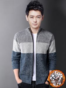 ROMON | Loomen Mens Open Cardigan Sweater Winter Thickened Fleece Warm Zipper Knitted Stand Collar Outerwear Casual Fashion Polyester Fiber