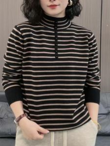 เสื้อสเวตเตอร์ถักคอสูงแบบหนา แขนยาว ทรงหลวม สไตล์เกาหลี ลายทาง สีดำขาว ทรงเข้ารูป เสื้อชั้นในฤดูใบไม้ร่วง/ฤดูหนาว ไซส์ใหญ่ เสื้อผ้าผู้หญิง