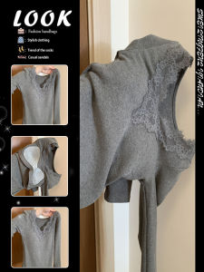 Gray V-neck Lace Cashmere Long Sleeve T-shirt Female Stylish Slim Fit Base Layer